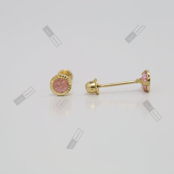 14K Solid Yellow Gold Round Pink CZ Stud Earrings • 4mm Feminine Elegant Design. - Picture 3 of 9